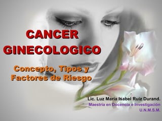 CANCER GINECOLOGICO Lic. Luz María Isabel Ruiz Durand. Maestría en Docencia e Investigación U.N.M.S.M. Concepto, Tipos y Factores de Riesgo 