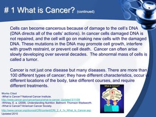 # 1 What is Cancer? (continued)

      Cells can become cancerous because of damage to the cell’s DNA
      (DNA directs all of the cells’ actions). In cancer cells damaged DNA is
      not repaired, and the cell will go on making new cells with the damaged
      DNA. These mutations in the DNA may promote cell growth, interfere
      with growth restraint, or prevent cell death. Cancer can often arise
      slowly developing over several decades. The abnormal mass of cells is
      called a tumor.

      Cancer is not just one disease but many diseases. There are more than
      100 different types of cancer; they have different characteristics, occur in
      different locations of the body, take different courses, and require
      different treatments.
Works Cited
-What is Cancer? National Cancer Institute.
http://www.cancer.gov/cancertopics/what-is-cancer. Updated 5/11/09
-Whiney, E. a. (2008). Understanding Nutrition. Belmont: Thomson Wadsworth.
-What is Cancer? American Cancer Society.
http://www.cancer.org/docroot/CRI/content/CRI_2_4_1x_What_Is_Cancer.asp.
Updated 2010
 