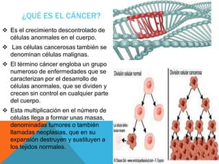 ¿QUÉ ES EL CÁNCER?
 Es el crecimiento descontrolado de
  células anormales en el cuerpo.
 Las células cancerosas también se
  denominan células malignas.
 El término cáncer engloba un grupo
  numeroso de enfermedades que se
  caracterizan por el desarrollo de
  células anormales, que se dividen y
  crecen sin control en cualquier parte
  del cuerpo.
 Esta multiplicación en el número de
  células llega a formar unas masas,
  denominadas tumores o también
  llamadas neoplasias, que en su
  expansión destruyen y sustituyen a
  los tejidos normales.
 
