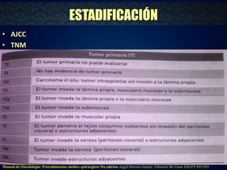 • AJCC 
• TNM 
ESTADIFICACIÓN 
Manual de Oncolologia: Procedimientos médico quirurgicos 5ta edicion.Angel Herrera Gomez. Editorial Mc Graw Hill P.P 493-503 
 