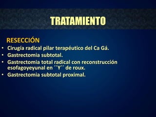 TRATAMIENTO 
RESECCIÓN 
• Cirugía radical pilar terapéutico del Ca Gá. 
• Gastrectomia subtotal. 
• Gastrectomia total radical con reconstrucción 
esofagoyeyunal en ´´Y´´ de roux. 
• Gastrectomia subtotal proximal. 
 