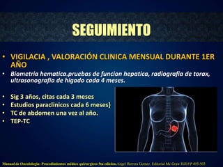 SEGUIMIENTO 
• VIGILACIA , VALORACIÓN CLINICA MENSUAL DURANTE 1ER 
AÑO 
• Biometria hematica.pruebas de funcion hepatica, radiografia de torax, 
ultrasonografia de higado cada 4 meses. 
• Sig 3 años, citas cada 3 meses 
• Estudios paraclinicos cada 6 meses} 
• TC de abdomen una vez al año. 
• TEP-TC 
Manual de Oncolologia: Procedimientos médico quirurgicos 5ta edicion.Angel Herrera Gomez. Editorial Mc Graw Hill P.P 493-503 
 