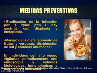 MEDIDAS PREVENTIVAS 
• Eradicacion de la infeccion 
por H. Pylori prin si hay 
gastritis con displasia y 
metaplasia. 
•Manejo de la dieta (aumento de 
frutas y verduras, disminucion 
de sal y comidas ahumadas) 
En individuos con alto riesgo 
vigilarlos periodicamente con 
endoscopia y estudios 
histologicos. Inmunologicos y 
marcadores moleculares. 
Gastroenterología. 6ta Edición . José de Jesus Villalobos Pérez Editorial:Mendez Editores. 
Año: 2012. P.P375-3-80 
 