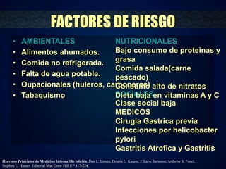 FACTORES DE RIESGO 
• AMBIENTALES 
• Alimentos ahumados. 
• Comida no refrigerada. 
• Falta de agua potable. 
• Oupacionales (huleros, carboneros) 
• Tabaquismo 
NUTRICIONALES 
Bajo consumo de proteinas y 
grasa 
Comida salada(carne 
pescado) 
Consumo alto de nitratos 
Dieta baja en vitaminas A y C 
SOCIALES 
Clase social baja 
MEDICOS 
Cirugia Gastrica previa 
Infecciones por helicobacter 
pylori 
Gastritis Atrofica y Gastritis 
Harrison Principios de Medicina Interna 18a edición. Dan L. Longo, Dennis L. Kasper, J. Larry Jameson, Anthony S. Fauci, 
Stephen L. Hauser. Editorial Mac Graw Hill P.P 417-224 
 