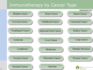 LOGO
Immunotherapy by Cancer Type
Brain CancerBladder Cancer
Cervical Cancer
Esophageal Cancer
Leukemia
Pancreatic Cancer
Breast Cancer
Childhood Cancer Colorectal Cancer
Kidney CancerHead and Neck Cancer
Lung CancerLiver Cancer
Multiple Myeloma
Prostate Cancer
Melanoma
Ovarian Cancer
Lymphoma
SarcomaStomach Cancer
www.bocsci.com
 