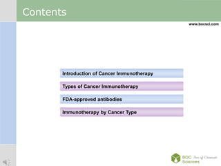LOGO
www.bocsci.com
Contents
Introduction of Cancer Immunotherapy
Types of Cancer Immunotherapy
FDA-approved antibodies
Immunotherapy by Cancer Type
 