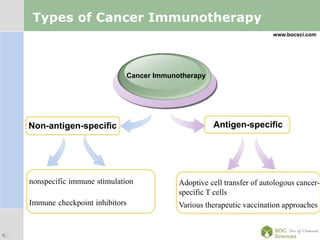 LOGO
Types of Cancer Immunotherapy
Non-antigen-specific
Cancer Immunotherapy
Antigen-specific
www.bocsci.com
nonspecific immune stimulation
Immune checkpoint inhibitors
Adoptive cell transfer of autologous cancer-
specific T cells
Various therapeutic vaccination approaches.
 