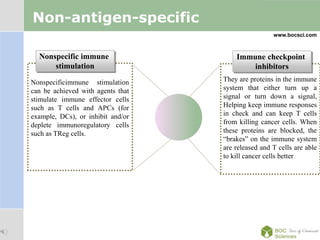 LOGO
Nonspecific immune
stimulation
Non-antigen-specific
www.bocsci.com
Immune checkpoint
inhibitors
They are proteins in the immune
system that either turn up a
signal or turn down a signal,
Helping keep immune responses
in check and can keep T cells
from killing cancer cells. When
these proteins are blocked, the
“brakes” on the immune system
are released and T cells are able
to kill cancer cells better.
Nonspecificimmune stimulation
can be achieved with agents that
stimulate immune effector cells
such as T cells and APCs (for
example, DCs), or inhibit and/or
deplete immunoregulatory cells
such as TReg cells.
 
