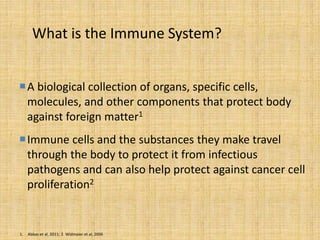 What is the Immune System?
A biological collection of organs, specific cells,
molecules, and other components that protect body
against foreign matter1
Immune cells and the substances they make travel
through the body to protect it from infectious
pathogens and can also help protect against cancer cell
proliferation2
1. Abbas et al, 2011; 2. Widmaier et al, 2006
 