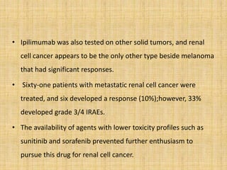 • Ipilimumab was also tested on other solid tumors, and renal
cell cancer appears to be the only other type beside melanoma
that had significant responses.
• Sixty-one patients with metastatic renal cell cancer were
treated, and six developed a response (10%);however, 33%
developed grade 3/4 IRAEs.
• The availability of agents with lower toxicity profiles such as
sunitinib and sorafenib prevented further enthusiasm to
pursue this drug for renal cell cancer.
 