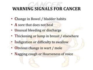 WARNING SIGNALS FOR CANCER
• Change in Bowel / bladder habits
• A sore that does not heal
• Unusual bleeding or discharge
• Thickening or lump in breast / elsewhere
• Indigestion or difficulty to swallow
• Obvious change in wart / mole
• Nagging cough or Hoarseness of voice
 