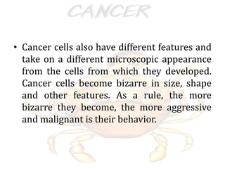 • Cancer cells also have different features and
take on a different microscopic appearance
from the cells from which they developed.
Cancer cells become bizarre in size, shape
and other features. As a rule, the more
bizarre they become, the more aggressive
and malignant is their behavior.
 