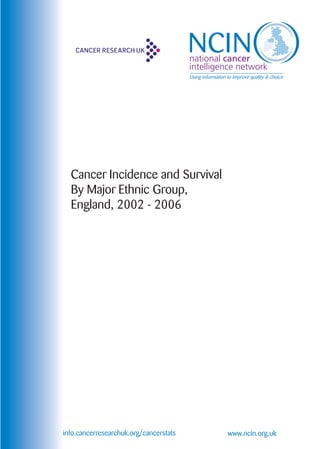 Cancer Incidence and Survival
By Major Ethnic Group,
England, 2002 - 2006
www.ncin.org.uk
national cancer
intelligence network
info.cancerresearchuk.org/cancerstats
 