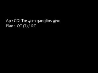 Ap : CDI To: 4cm ganglios 9/10
Plan : QT (T) / RT
 