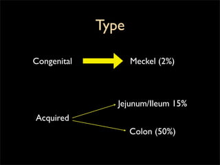 Type

Congenital          Meckel (2%)



                Jejunum/Ileum 15%
Acquired
                    Colon (50%)
 