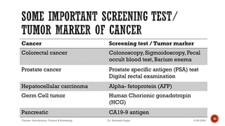 Cancer Screening test / Tumor marker
Colorectal cancer Colonoscopy, Sigmoidoscopy, Fecal
occult blood test, Barium enema
Prostate cancer Prostate specific antigen (PSA) test
Digital rectal examination
Hepatocellular carcinoma Alpha- fetoprotein (AFP)
Germ Cell tumor Human Chorionic gonadotropin
(HCG)
Pancreatic CA19-9 antigen
4/29/2020Cancer- Introduction, Control & Screening Dr. Animesh Gupta
31
 
