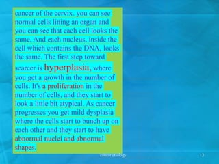 cancer of the cervix. you can see
normal cells lining an organ and
you can see that each cell looks the
same. And each nucleus, inside the
cell which contains the DNA, looks
the same. The first step toward
scarcer is hyperplasia, where
you get a growth in the number of
cells. It's a proliferation in the
number of cells, and they start to
look a little bit atypical. As cancer
progresses you get mild dysplasia
where the cells start to bunch up on
each other and they start to have
abnormal nuclei and abnormal
shapes.
cancer etiology 13
 
