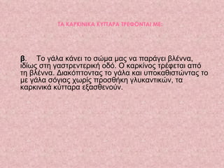 ΤΑ ΚΑΡΚΙΝΙΚΑ ΚΥΤΤΑΡΑ ΤΡΕΦΟΝΤΑΙ ΜΕ:   β .  Το γάλα κάνει το σώμα μας να παράγει βλέννα, ιδίως στη γαστρεντερική οδό. Ο καρκίνος τρέφεται από τη βλέννα. Διακόπτοντας το γάλα και υποκαθιστώντας το με γάλα σόγιας χωρίς προσθήκη γλυκαντικών, τα καρκινικά κύτταρα εξασθενούν.  