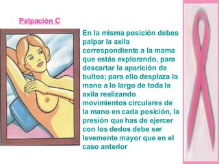 Palpación C En la misma posición debes palpar la axila correspondiente a la mama que estás explorando, para descartar la aparición de bultos; para ello desplaza la mano a lo largo de toda la axila realizando movimientos circulares de la mano en cada posición, la presión que has de ejercer con los dedos debe ser levemente mayor que en el caso anterior 
