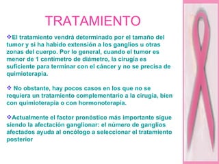 TRATAMIENTO  El tratamiento vendrá determinado por el tamaño del tumor y si ha habido extensión a los ganglios u otras zonas del cuerpo. Por lo general, cuando el tumor es menor de 1 centímetro de diámetro, la cirugía es suficiente para terminar con el cáncer y no se precisa de quimioterapia. No obstante, hay pocos casos en los que no se requiera un tratamiento complementario a la cirugía, bien con quimioterapia o con hormonoterapia.  Actualmente el factor pronóstico más importante sigue siendo la afectación ganglionar: el número de ganglios afectados ayuda al oncólogo a seleccionar el tratamiento posterior 