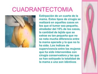 CUADRANTECTOMIA Extirpación de un cuarto de la mama. Estos tipos de cirugía se realizará en aquellos casos en los que el tumor sea pequeño, alrededor del 15% de los casos, la cantidad de tejido que se extrae es tan pequeña que no se nota mucha diferencia entre la mama operada y la que no lo ha sido. Los índices de supervivencia entre las mujeres que ha sido intervenidas con cirugía conservadora y las que se han extirpado la totalidad de la mama a una son idénticos  