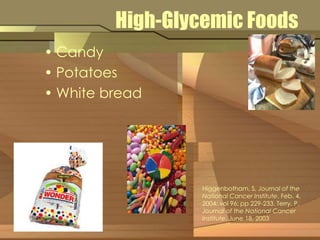 High-Glycemic Foods 
• Candy 
• Potatoes 
• White bread 
Higgenbotham, S, Journal of the 
National Cancer Institute, Feb. 4, 
2004; vol 96: pp 229-233. Terry, P. 
Journal of the National Cancer 
Institute, June 18, 2003 
 