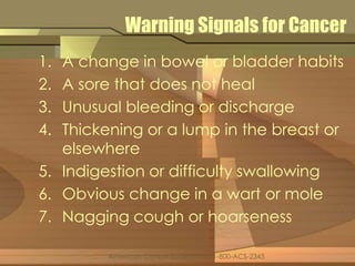 Warning Signals for Cancer 
1. A change in bowel or bladder habits 
2. A sore that does not heal 
3. Unusual bleeding or discharge 
4. Thickening or a lump in the breast or 
elsewhere 
5. Indigestion or difficulty swallowing 
6. Obvious change in a wart or mole 
7. Nagging cough or hoarseness 
American Cancer Society, Inc. 1-800-ACS-2345 
 