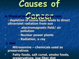 Causes of Cancer b. Physical heat rays, ultraviolet rays - depletion of ozone layer leads to direct ultraviolet radiation from sun - .electromagnetic field/ air  pollution  - Nuclear power plants - Radiation, x-ray c. Diet Nitrosamine – chemicals used as  preservatives  Fatty foods, salt cured, smoke foods,  preservatives, low fiber diet  