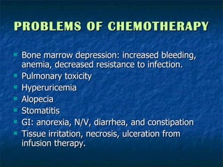 PROBLEMS OF CHEMOTHERAPY Bone marrow depression: increased bleeding, anemia, decreased resistance to infection. Pulmonary toxicity Hyperuricemia Alopecia Stomatitis GI: anorexia, N/V, diarrhea, and constipation Tissue irritation, necrosis, ulceration from infusion therapy. 