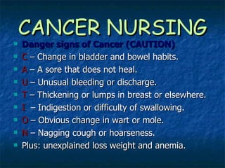CANCER NURSING Danger signs of Cancer (CAUTION) C  – Change in bladder and bowel habits. A  – A sore that does not heal. U  – Unusual bleeding or discharge. T  – Thickening or lumps in breast or elsewhere. I   – Indigestion or difficulty of swallowing. O  – Obvious change in wart or mole. N  – Nagging cough or hoarseness. Plus: unexplained loss weight and anemia. 