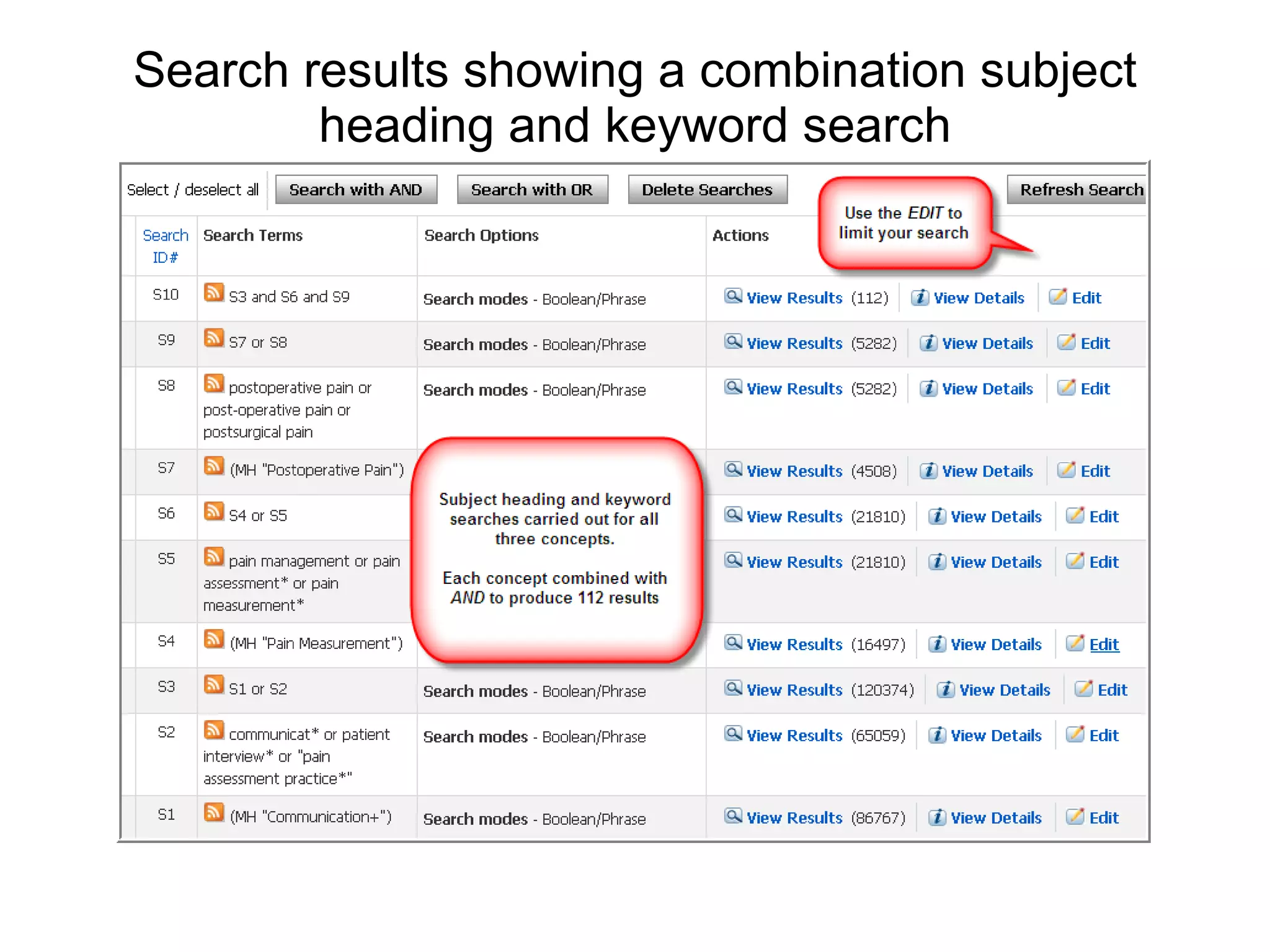 Search results showing a combination subject heading and keyword search 