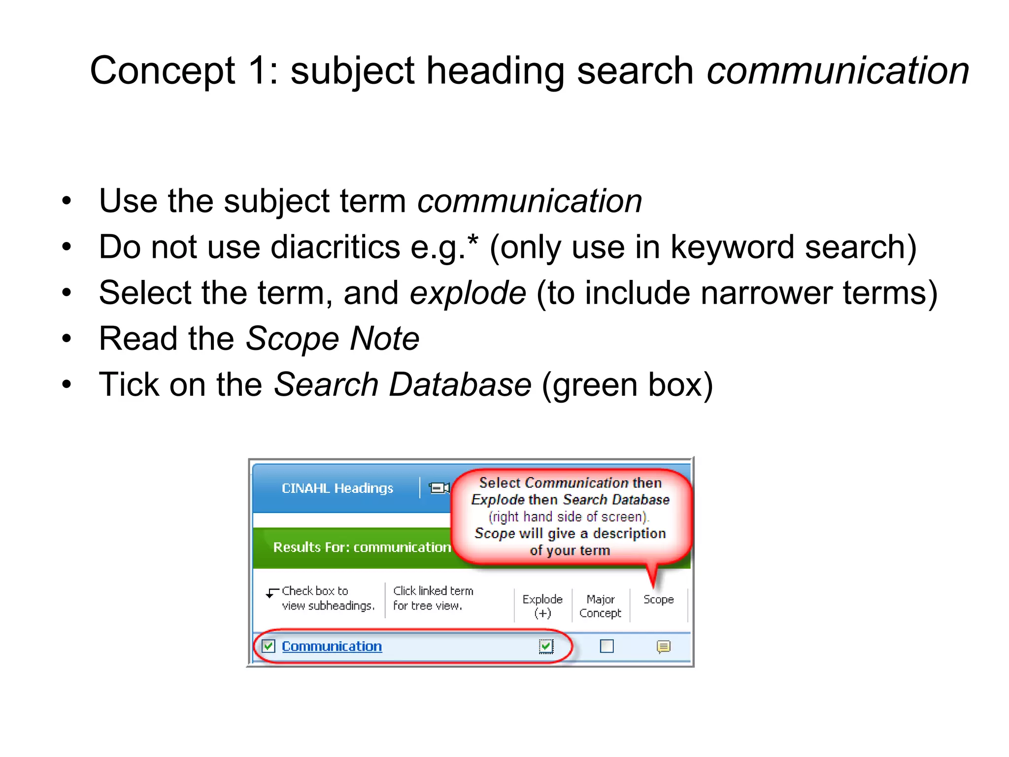 Concept 1: subject heading search  communication   Use the subject term  communication Do not use diacritics e.g.* (only use in keyword search) Select the term, and  explode  (to include narrower terms) Read the  Scope Note Tick on the  Search Database  (green box) 