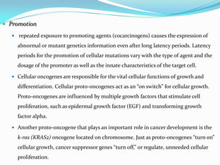  Promotion
 repeated exposure to promoting agents (cocarcinogens) causes the expression of
abnormal or mutant genetics information even after long latency periods. Latency
periods for the promotion of cellular mutations vary with the type of agent and the
dosage of the promoter as well as the innate characteristics of the target cell.
 Cellular oncogenes are responsible for the vital cellular functions of growth and
differentiation. Cellular proto-oncogenes act as an “on switch” for cellular growth.
Proto-oncogenes are influenced by multiple growth factors that stimulate cell
proliferation, such as epidermal growth factor (EGF) and transforming growth
factor alpha.
 Another proto-oncogene that plays an important role in cancer development is the
k-ras (KRAS2) oncogene located on chromosome. Just as proto-oncogenes “turn on”
cellular growth, cancer suppressor genes “turn off,” or regulate, unneeded cellular
proliferation.
 
