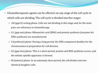 Chemotherapeutic agents can be effective on any stage of the cell cycle in
which cells are dividing. The cell cycle is divided into five stages
 G0 (gap 0) resting phase: Cells are not dividing in this stage and, for the most
part, are refractory to chemotherapy.
 G1 (gap one) phase: Ribonucleic acid (RNA) and protein synthesis (enzymes for
DNA synthesis) are manufactured.
 S (synthesis) phase: During a long period, the DNA component doubles for the
chromosomes in preparation for cell division.
 G2 (gap two) phase: This is a short period; protein and RNA synthesis occurs, and
the mitotic spindle apparatus is formed.
 M (mitosis) phase: In an extremely short period, the cell divides into two
identical daughter cells.
 