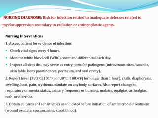 NURSING DIAGNOSIS: Risk for infection related to inadequate defenses related to
myelosuppression secondary to radiation or antineoplastic agents.
Nursing Interventions
1. Assess patient for evidence of infection:
 Check vital signs every 4 hours.
 Monitor white blood cell (WBC) count and differential each day.
 Inspect all sites that may serve as entry ports for pathogens (intravenous sites, wounds,
skin folds, bony prominences, perineum, and oral cavity).
2. Report fever (38.3°C [101°F] or 38°C [100.4°F] for longer than 1 hour), chills, diaphoresis,
swelling, heat, pain, erythema, exudate on any body surfaces. Also report change in
respiratory or mental status, urinary frequency or burning, malaise, myalgias, arthralgias,
rash, or diarrhea.
3. Obtain cultures and sensitivities as indicated before initiation of antimicrobial treatment
(wound exudate, sputum,urine, stool, blood).
 