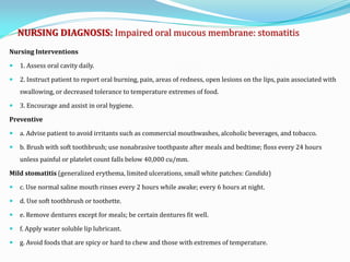 NURSING DIAGNOSIS: Impaired oral mucous membrane: stomatitis
Nursing Interventions
 1. Assess oral cavity daily.
 2. Instruct patient to report oral burning, pain, areas of redness, open lesions on the lips, pain associated with
swallowing, or decreased tolerance to temperature extremes of food.
 3. Encourage and assist in oral hygiene.
Preventive
 a. Advise patient to avoid irritants such as commercial mouthwashes, alcoholic beverages, and tobacco.
 b. Brush with soft toothbrush; use nonabrasive toothpaste after meals and bedtime; floss every 24 hours
unless painful or platelet count falls below 40,000 cu/mm.
Mild stomatitis (generalized erythema, limited ulcerations, small white patches: Candida)
 c. Use normal saline mouth rinses every 2 hours while awake; every 6 hours at night.
 d. Use soft toothbrush or toothette.
 e. Remove dentures except for meals; be certain dentures fit well.
 f. Apply water soluble lip lubricant.
 g. Avoid foods that are spicy or hard to chew and those with extremes of temperature.
 