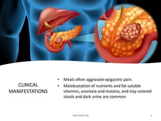 CLINICAL
MANIFESTATIONS
• Meals often aggravateepigastric pain.
• Malabsorption of nutrients and fat-soluble
vitamins, anorexia and malaise, and clay-colored
stools and dark urine are common
SWATILEKHA DAS 6
 