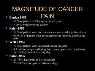 MAGNITUDE OF CANCERMAGNITUDE OF CANCER
PAINPAIN Bonica 1985
– 50 % of patient of all stage reported pain
– > 70 % with advanced cancer
 Faley 1985
– 50 % of patient with non metastatic cancer had significant pain
– 60-90 % of patient with advanced cancer reported debilitating
pain
 WHO 1986
– 70 % of patient with advanced cancer has pain
– 3,5 million people suffering from cancer pain with or without
satisfactory treatment every day
 Paice, 2006
– 20-75% have pain at first diagnosis
– 23- 100% report pain in advance stage
 