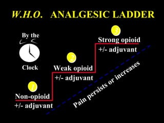 +/- adjuvant
Non-opioid
Weak opioid
Strong opioid
Pain persists or increases
By the
Clock
W.H.O. ANALGESIC LADDER
+/- adjuvant
+/- adjuvant
1
2
3
 