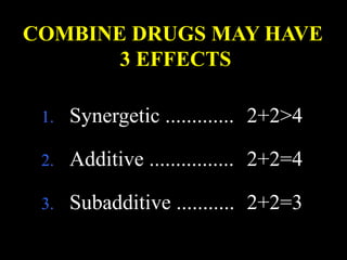COMBINE DRUGS MAY HAVE
3 EFFECTS
1. Synergetic ............. 2+2>4
2. Additive ................ 2+2=4
3. Subadditive ........... 2+2=3
 