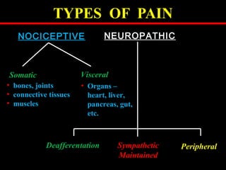 TYPES OF PAIN
NEUROPATHICNOCICEPTIVE
Deafferentation Sympathetic
Maintained
Peripheral
Somatic
• bones, joints
• connective tissues
• muscles
Visceral
• Organs –
heart, liver,
pancreas, gut,
etc.
 