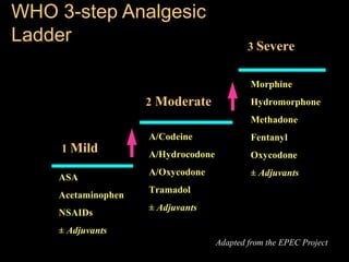 WHO 3-step AnalgesicWHO 3-step Analgesic
LadderLadder
11 MildMild
22 ModerateModerate
33 SevereSevere
Morphine
Hydromorphone
Methadone
Fentanyl
Oxycodone
± Adjuvants
A/Codeine
A/Hydrocodone
A/Oxycodone
Tramadol
± Adjuvants
ASA
Acetaminophen
NSAIDs
± Adjuvants
Adapted from the EPEC Project
 