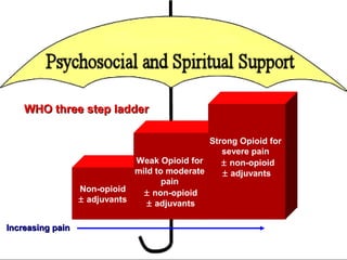Non-opioid
± adjuvants
Weak Opioid for
mild to moderate
pain
± non-opioid
± adjuvants
Strong Opioid for
severe pain
± non-opioid
± adjuvants
Increasing painIncreasing pain
WHO three step ladderWHO three step ladder
 
