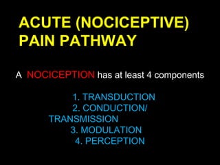A NOCICEPTION has at least 4 components
1. TRANSDUCTION
2. CONDUCTION/
TRANSMISSION
3. MODULATION
4. PERCEPTION
ACUTE (NOCICEPTIVE)
PAIN PATHWAY
 