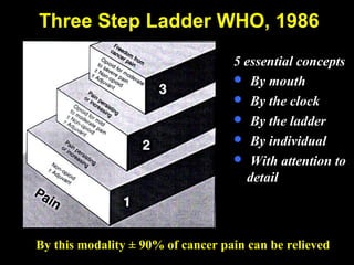 Three Step Ladder WHO, 1986
5 essential concepts
 By mouth
 By the clock
 By the ladder
 By individual
 With attention to
detail
By this modality ± 90% of cancer pain can be relieved
 