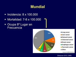 Mundial
 Incidencia: 8 x 100.000
 Mortalidad: 7-8 x 100.000
 Ocupa 8º Lugar en
Frecuencia
Globocan 2012, OMS
 