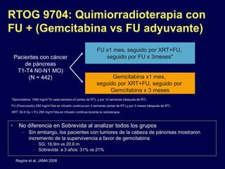 RTOG 9704: Quimiorradioterapia con
FU + (Gemcitabina vs FU adyuvante)
Pacientes con cáncer
de páncreas
T1-T4 N0-N1 MO)
(N = 442)
FU x1 mes, seguido por XRT+FU,
seguido por FU x 3meses*
Gemcitabina x1 mes,
seguido por XRT+FU, seguido por
Gemcitabina x 3 meses
*Gemcitabina: 1000 mg/m2 IV cada semana x3 (antes de RT), y por 12 semanas (después de RT)
FU (Fluoruracilo) 250 mg/m2/día en infusión continua por 3 semanas (antes de RT) y por 3 meses (después de RT)
XRT: 50.4 Gy + FU 250 mg/m2/día en infusión continua durante la radioterapia
 No diferencia en Sobrevida al analizar todos los grupos
– Sin embargo, los pacientes con tumores de la cabeza de páncreas mostraron
incremento de la supervivencia a favor de gemcitabina
– SG: 16.9m vs 20.6 m
– Sobrevida a 3 años: 31% vs 21%
Regine et al, JAMA 2008
 