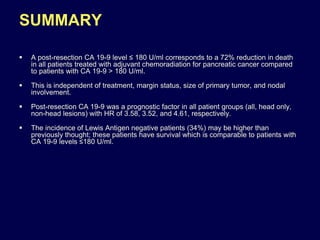 SUMMARY
 A post-resection CA 19-9 level ≤ 180 U/ml corresponds to a 72% reduction in death
in all patients treated with adjuvant chemoradiation for pancreatic cancer compared
to patients with CA 19-9 > 180 U/ml.
 This is independent of treatment, margin status, size of primary tumor, and nodal
involvement.
 Post-resection CA 19-9 was a prognostic factor in all patient groups (all, head only,
non-head lesions) with HR of 3.58, 3.52, and 4.61, respectively.
 The incidence of Lewis Antigen negative patients (34%) may be higher than
previously thought; these patients have survival which is comparable to patients with
CA 19-9 levels ≤180 U/ml.
 