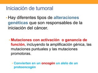 Iniciación de tumoral
• Hay diferentes tipos de alteraciones
genéticas que son responsables de la
iniciación del cáncer.
• Mutaciones con activación o ganancia de
función, incluyendo la amplificación génica, las
mutaciones puntuales y las mutaciones
promotoras.
• Convierten en un oncogén un alelo de un
protooncogén
 