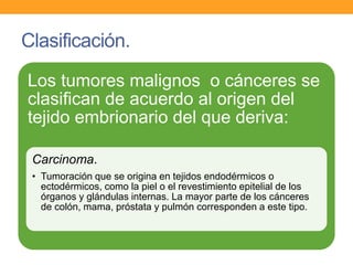 Clasificación.
Los tumores malignos o cánceres se
clasifican de acuerdo al origen del
tejido embrionario del que deriva:
Carcinoma.
• Tumoración que se origina en tejidos endodérmicos o
ectodérmicos, como la piel o el revestimiento epitelial de los
órganos y glándulas internas. La mayor parte de los cánceres
de colón, mama, próstata y pulmón corresponden a este tipo.
 